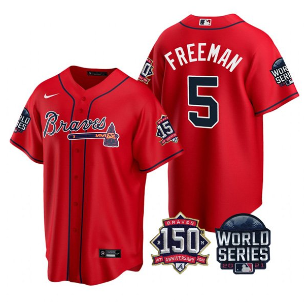 Men's Atlanta Braves #5 Freddie Freeman 2021 Red World Series With 150th Anniversary Patch Cool Base Stitched Jersey
